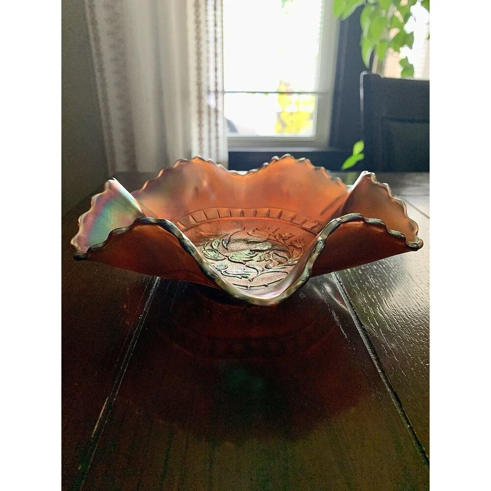 Antique Dugan Amethyst Windflower Iridescent Carnival Glass Ruffled Bowl 8